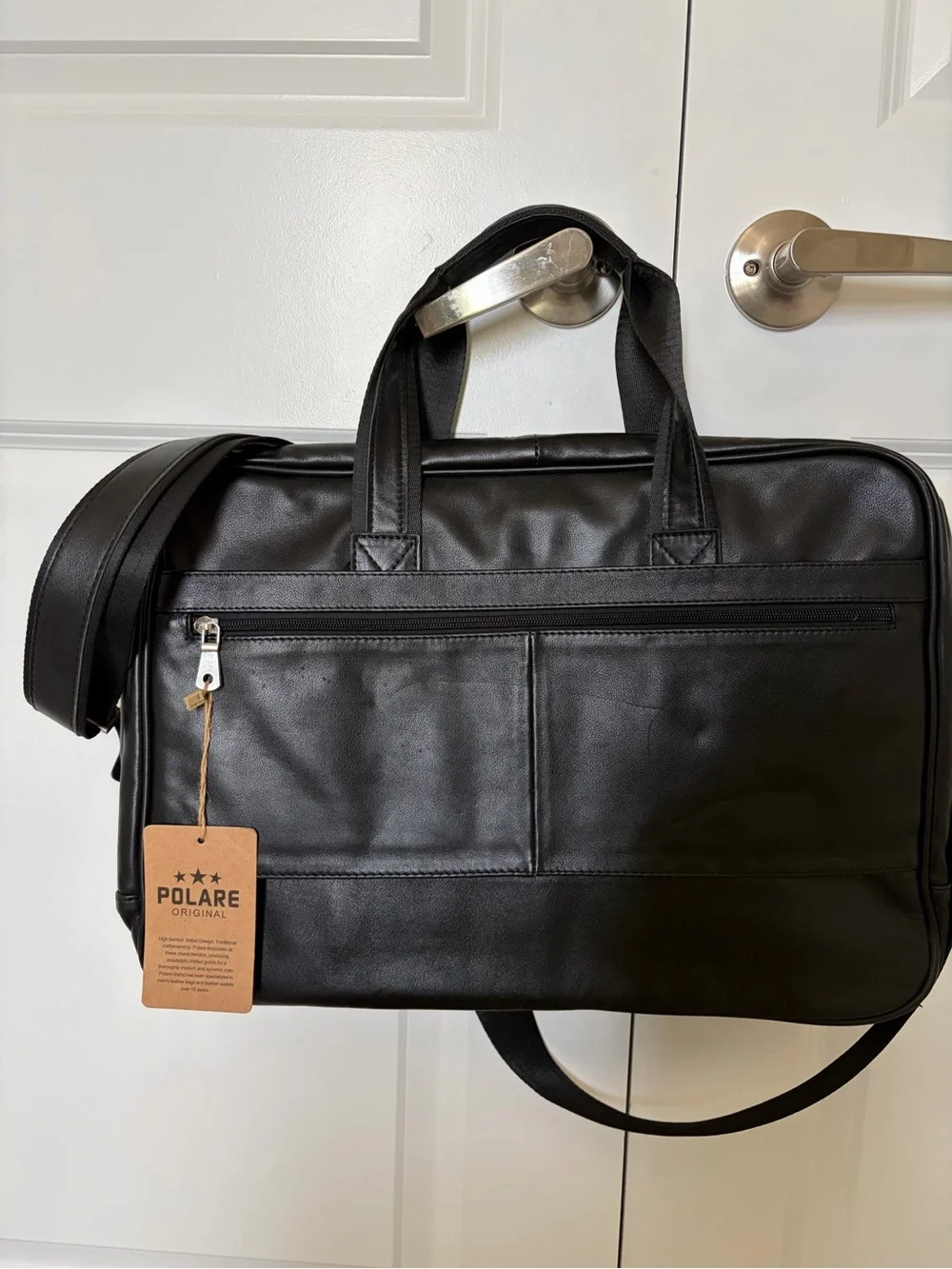 Polare Men's Black Leather Briefcase with Removable Shoulder Strap